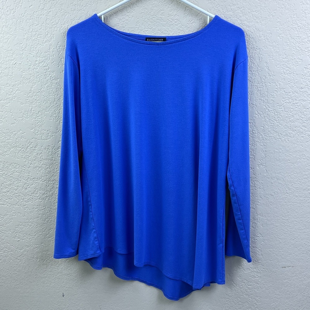 Eileen Fisher Fine Stretch Jersey Knit Bateau Neck Top Womens M Blue Asym Shirt